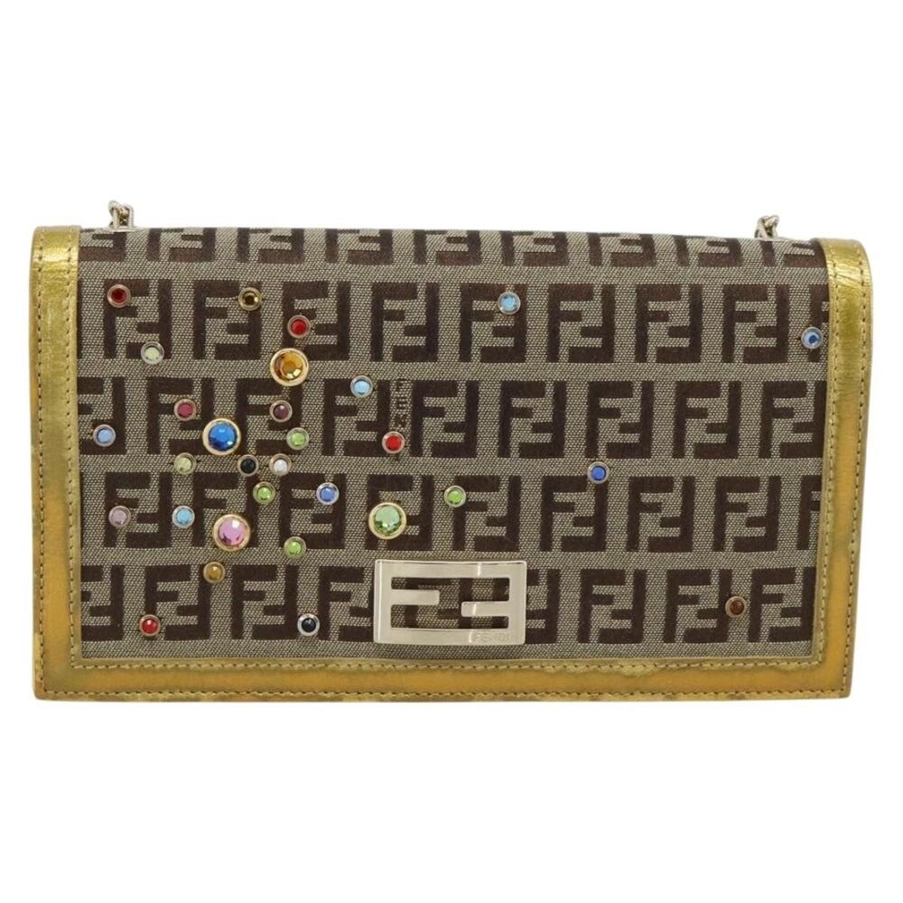 Fendi Zucchino Chain Wallet Shoulder Bag Beige